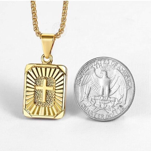 NEW Gold Block Cross Pendant Necklace Unisex 18” Religious Gold Chain Necklace - Picture 9 of 9